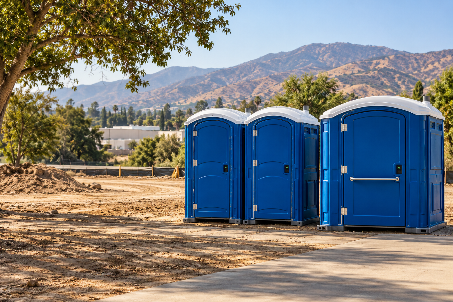 Clean portable restrooms beside a Southern California construction site